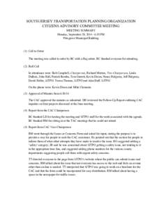 SOUTH JERSEY TRANSPORTATION PLANNING ORGANIZATION CITIZENS ADVISORY COMMITTEE MEETING MEETING SUMMARY Monday, September 29, :30 PM Pittsgrove Municipal Building