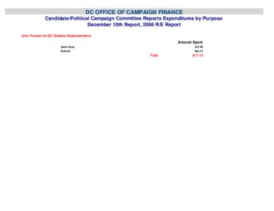 DC OFFICE OF CAMPAIGN FINANCE Candidate/Political Campaign Committee Reports Expenditures by Purpose December 10th Report, 2006 R/E Report John Forster for DC Shadow Representative  Amount Spent