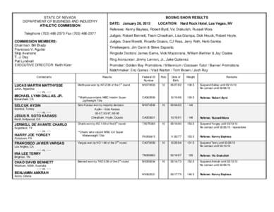 STATE OF NEVADA DEPARTMENT OF BUSINESS AND INDUSTRY ATHLETIC COMMISSION BOXING SHOW RESULTS DATE: January 26, 2013