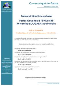 Communiqué de Presse Boumerdès, le 07 JuinUniversité M’hamed Bougara-Boumerdès  Préinscription Universitaire