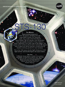 1H\\\Z7H[W  The Mission Space shuttle Endeavour’s STS-130 mission will deliver the last major NASA module, the Tranquility