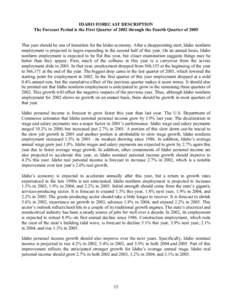 IDAHO FORECAST DESCRIPTION The Forecast Period is the First Quarter of 2002 through the Fourth Quarter of 2005 This year should be one of transition for the Idaho economy. After a disappointing start, Idaho nonfarm emplo