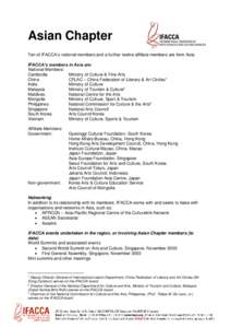 Asian Chapter Ten of IFACCA’s national members and a further twelve affiliate members are from Asia. IFACCA’s members in Asia are: National Members: Cambodia Ministry of Culture & Fine Arts