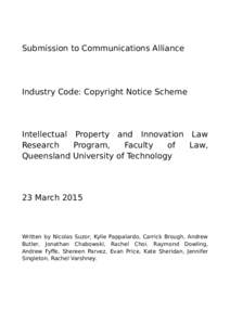 Submission to Communications Alliance  Industry Code: Copyright Notice Scheme Intellectual Property and Innovation Law Research