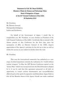 Statement by H.E. Mr. Banri KAIEDA, Minister of State for Science and Technology Policy Head of Delegation of Japan at the 54th General Conference of the IAEA 20 September 2010 Mr. President,