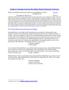 Southern Campaign American Revolution Pension Statements & Rosters Bounty Land Warrant information relating to Jeremiah Pickett VAS187 & Josiah Pickett Transcribed by Will Graves  vsl 2 VA