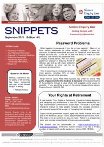 SNIPPETS September 2013 Seniors Enquiry Line Linking Seniors with Community Informaon