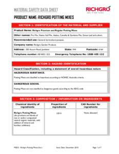 MATERIAL SAFETY DATA SHEET  ABN: PRODUCT NAME: RICHGRO POTTING MIXES SECTION 1: IDENTIFICATION OF THE MATERIAL AND SUPPLIER