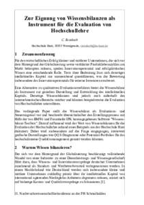 Zur Eignung von Wissensbilanzen als Instrument für die Evaluation von Hochschullehre C. Reinboth Hochschule Harz, 38855 Wernigerode, 