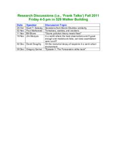 Research Discussions (i.e., ‘Frank Talks’) Fall 2011 Friday 4-5 pm in 529 Walker Building Date Speaker