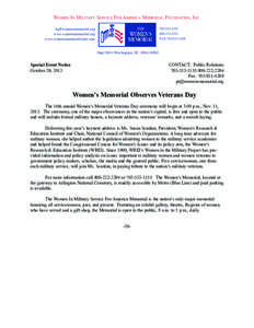 Women In Military Service For America Memorial Foundation, Inc. [removed] www.womensmemorial.org www.womensmemorialstore.com[removed]