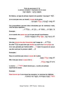 Fiche de grammaire N° 56 La phrase complexe - Expression de la cause ‫ִמ ְ	 ָט מְר ָב  ִמ ְ	 ָט ִס ָה‬ En hébreu, ce type de phrase répond à la question 