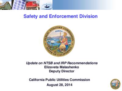 Safety and Enforcement Division  Update on NTSB and IRP Recommendations Elizaveta Malashenko Deputy Director California Public Utilities Commission