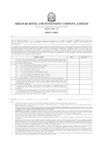 MIRAMAR HOTEL AND INVESTMENT COMPANY, LIMITED (Incorporated in Hong Kong with limited liability) (Stock Code: 71) PROXY FORM I/We