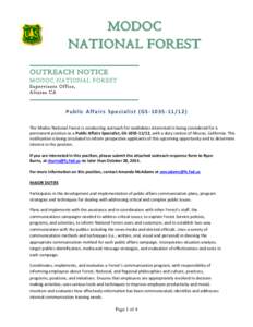 MODOC NATIONAL FOREST _ _ _ _ _ _ _ _ _ _ _ _ _ __ _ _ _ _ _ _ _ _ _ _ _ _ __ _ _ OUTREACH NOTICE M O D O C N AT I O N AL F O R E S T