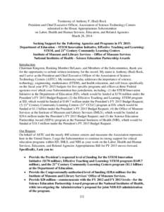 Testimony of Anthony F. (Bud) Rock President and Chief Executive Officer, Association of Science-Technology Centers submitted to the House Appropriations Subcommittee on Labor, Health and Human Services, Education, and R