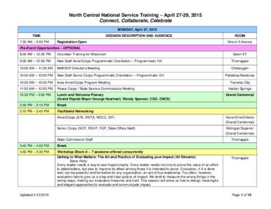 North Central National Service Training – April 27-29, 2015 Connect, Collaborate, Celebrate MONDAY, April 27, 2015 TIME 7:30 AM – 5:00 PM