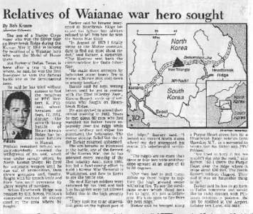 Relatives of Waianae war hero sought. B  y