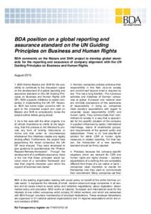 BDA position on a global reporting and assurance standard on the UN Guiding Principles on Business and Human Rights BDA comments on the Mazars and Shift project to develop global standards for the reporting and assurance