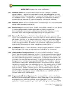 MILESTONES: Oregon Chub Listing and Recovery 1982 Candidate Species: The Service listed the Oregon chub as a Category 2 candidate species. Category 2 candidates, a designation no longer used, were species for which infor