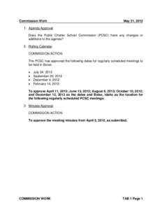 Commission Work  May 31, [removed]Agenda Approval Does the Public Charter School Commission (PCSC) have any changes or