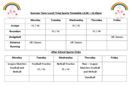 Summer Term Lunch Time Sports Timetable 12.00 – 12.45pm Monday Cricket Tuesday
