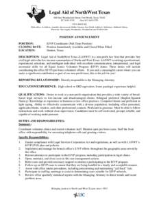Legal Aid of NorthWest Texas 600 East Weatherford Street, Fort Worth, Texas[removed]4740 (fax[removed]www.lanwt.org With offices in Abilene, Amarillo, Brownwood, Dallas, Denton, Fort Worth, Lubbock, McKinney,