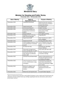 Ministerial Diary1 Minister for Housing and Public Works 1 November 2013 – 30 November 2013 Date of Meeting 2 November 2013