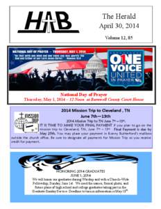 The Herald April 30, 2014 Volume 12, 85 National Day of Prayer Thursday, May 1, 2014 ~ 12 Noon at Barnwell County Court House