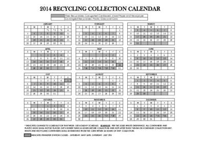 2014 RECYCLING COLLECTION CALENDAR Fiber Recyclables: Corrugated Cardboard, Mixed Paper and Newspaper Co-Mingled Recyclables: Plastic, Glass and Cans JANUARY S