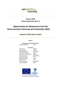 Horizon 2020 Work Programmes[removed]Opportunities for Researchers from the Socio-economic Sciences and Humanities (SSH) Analysis of SSH-relevant Topics