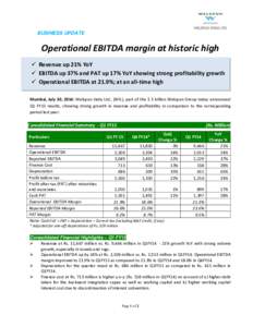 BUSINESS UPDATE  Operational EBITDA margin at historic high  Revenue up 21% YoY  EBITDA up 37% and PAT up 17% YoY showing strong profitability growth  Operational EBITDA at 21.9%; at an all-time high