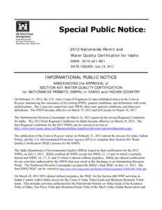 US Army Corps Of Engineers Special Public Notice:  Walla Walla District