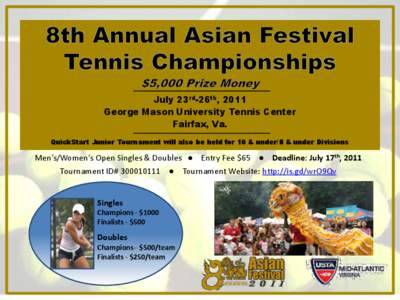 July 23rd-26th, 2011 George Mason University Tennis Center Fairfax, Va. QuickStart Junior Tournament will also be held for 10 & under/8 & under Divisions  Men’s/Women’s Open Singles & Doubles ● Entry Fee $65 ● De