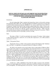 APPENDIX 16-C ANNUAL LIMITS ON INTAKE (ALI) AND DERIVED AIR CONCENTRATIONS (DAC) OF RADIONUCLIDES FOR OCCUPATIONAL EXPOSURE; EFFLUENT CONCENTRATIONS; CONCENTRATIONS FOR RELEASE TO SANITARY SEWARAGE Introduction