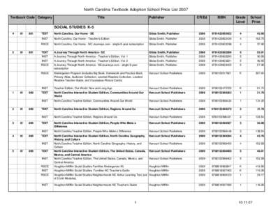 North Carolina Textbook Adoption School Price List 2007 Textbook Code Category Title  Publisher