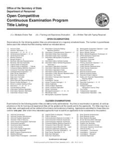 Office of the Secretary of State Department of Personnel Open Competitive Continuous Examination Program Title Listing
