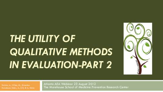 THE UTILITY OF QUALITATIVE METHODS IN EVALUATION-PART 2 Perkins, A., Wilce, M., ShresthaKuwahara Disler, S., Gill, & S., Disler  Atlanta AEA Webinar 23 August 2012