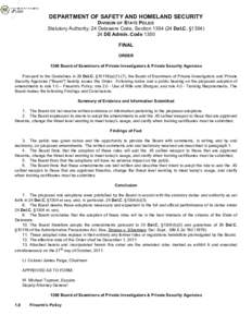 DEPARTMENT OF SAFETY AND HOMELAND SECURITY  DIVISION OF STATE POLICE Statutory Authority: 24 Delaware Code, Section[removed]Del.C. §[removed]DE Admin. Code 1300 FINAL