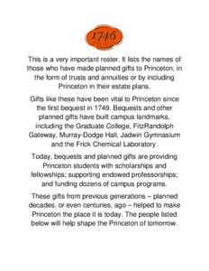 This is a very important roster. It lists the names of those who have made planned gifts to Princeton, in the form of trusts and annuities or by including Princeton in their estate plans. Gifts like these have been vital
