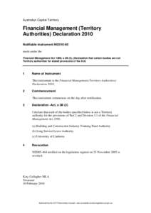 Australian Capital Territory  Financial Management (Territory Authorities) Declaration 2010 Notifiable instrument NI2010-60 made under the