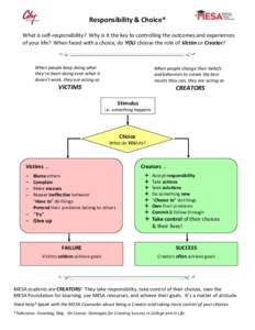 Responsibility & Choice* What is self-responsibility? Why is it the key to controlling the outcomes and experiences of your life? When faced with a choice, do YOU choose the role of Victim or Creator? When people keep do