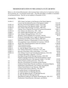 MICROFILM DONATIONS TO THE LOUISIANA STATE ARCHIVES Below is a list of microfilm donated to the Louisiana State Archives by Le Comité des Archives de la Louisiane, Inc., over the past several years. All of the microfilm