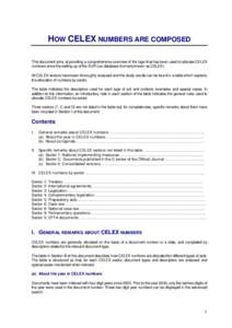 HOW CELEX NUMBERS ARE COMPOSED This document aims at providing a comprehensive overview of the logic that has been used to allocate CELEX numbers since the setting-up of the EUR-Lex database (formerly known as CELEX). Al