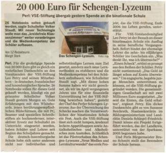 20000 Euro für Schengen-Lyzeum Perl: VSE-Stiftung übergab gestern Spende an die binationale Schule 26 Notebooks sollen gekauft werden, sagte Schulleiter Volker Staudl. Mit neuer Technologie wolle man das Hkreidefreie K