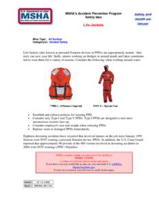 Mine Safety and Health Administration (MSHA) - MSHA’s Accident Prevention Program – Safety Idea - Life Jackets