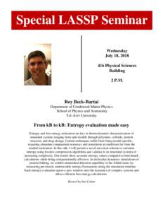 Special LASSP Seminar Wednesday July 18, Physical Sciences Building 2 P.M.