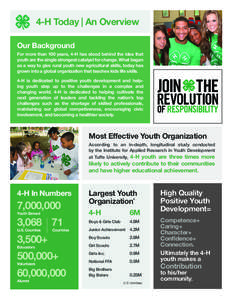 4-H Today | An Overview Our Background For more than 100 years, 4-H has stood behind the idea that youth are the single strongest catalyst for change. What began as a way to give rural youth new agricultural skills, toda