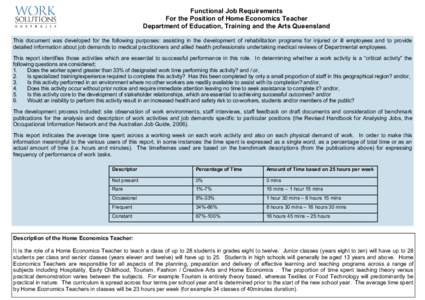 Functional Job Requirements For the Position of Home Economics Teacher Department of Education, Training and the Arts Queensland This document was developed for the following purposes: assisting in the development of reh