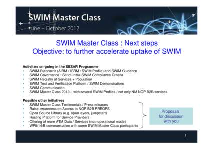 SWIM Master Class : Next steps Objective: to further accelerate uptake of SWIM Activities on-going in the SESAR Programme • SWIM Standards (AIRM / ISRM / SWIM Profile) and SWIM Guidance •
